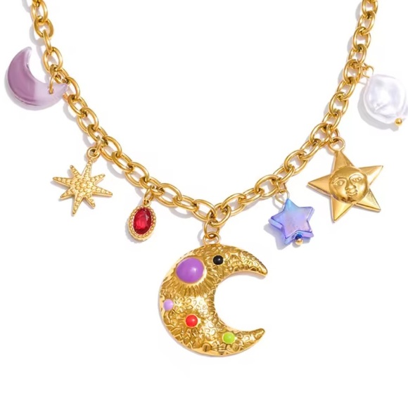 Moon Star Charms 18K Gold Stainless Steel Waterproof Necklace - Picture 1 of 12